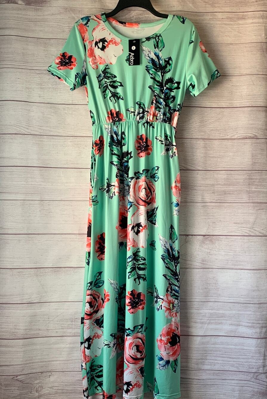 Azbro Mint Green Floral Print Maxi Dress Short Sleeves Elastic Waist Pockets